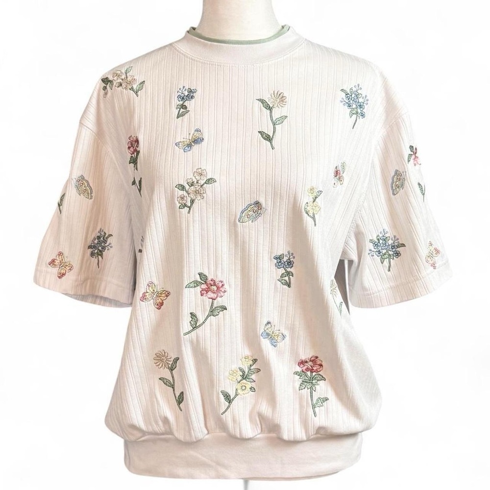 Vintage 90s BonWorth White Floral Embroidered Ribbed Petite Top S